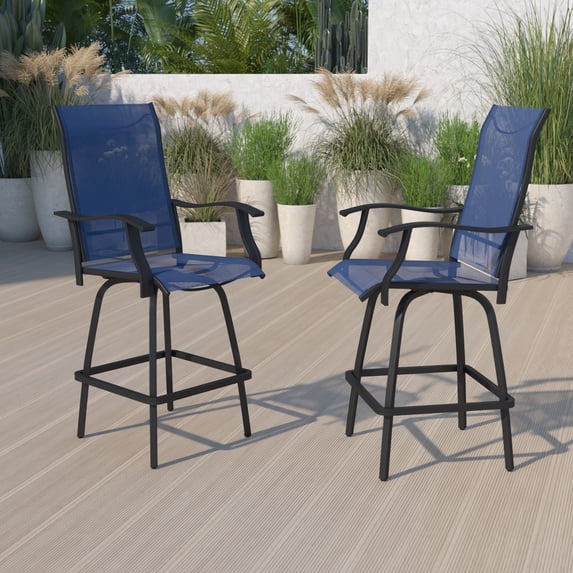 Emma + Oliver Patio Bar Height Stools Set of 2, All-Weather Textilene Swivel Stools in Navy