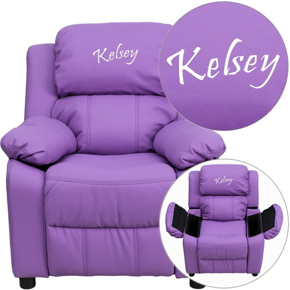 Emma + Oliver Personalized Lavender Vinyl Deluxe Kids Recliner with Extra Thick Padding and Storage Arms for TV Room, Living Room, Bedroom or Playroom