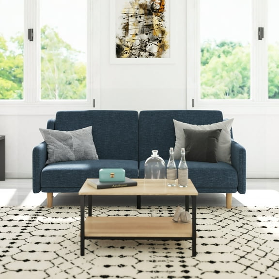 Emma + Oliver Plush Padded Faux Linen Upholstered Split Back Sofa Futon with Smooth Curved Removable Arms and Wooden Legs in Navy