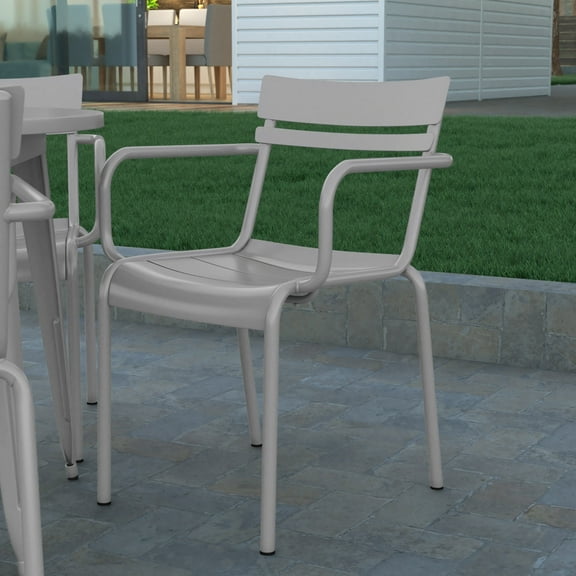 Emma + Oliver Powder Coated Steel Stacking Dining Chair with Arms and 2 Slat Back for Indoor-Outdoor Use in Silver