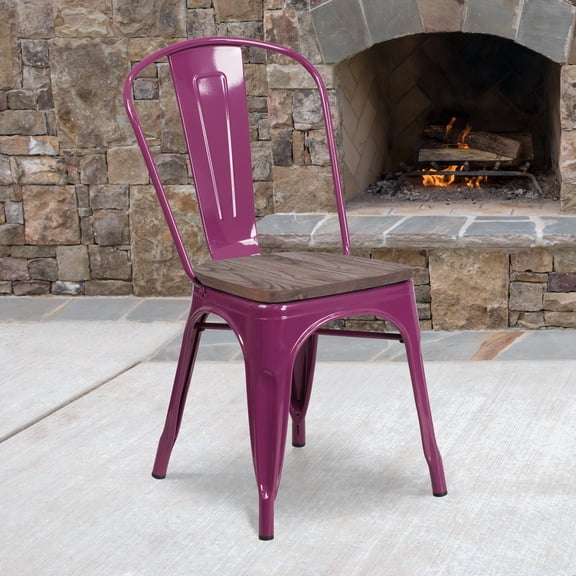 Emma + Oliver Purple Metal Stackable Chair with Wood Seat