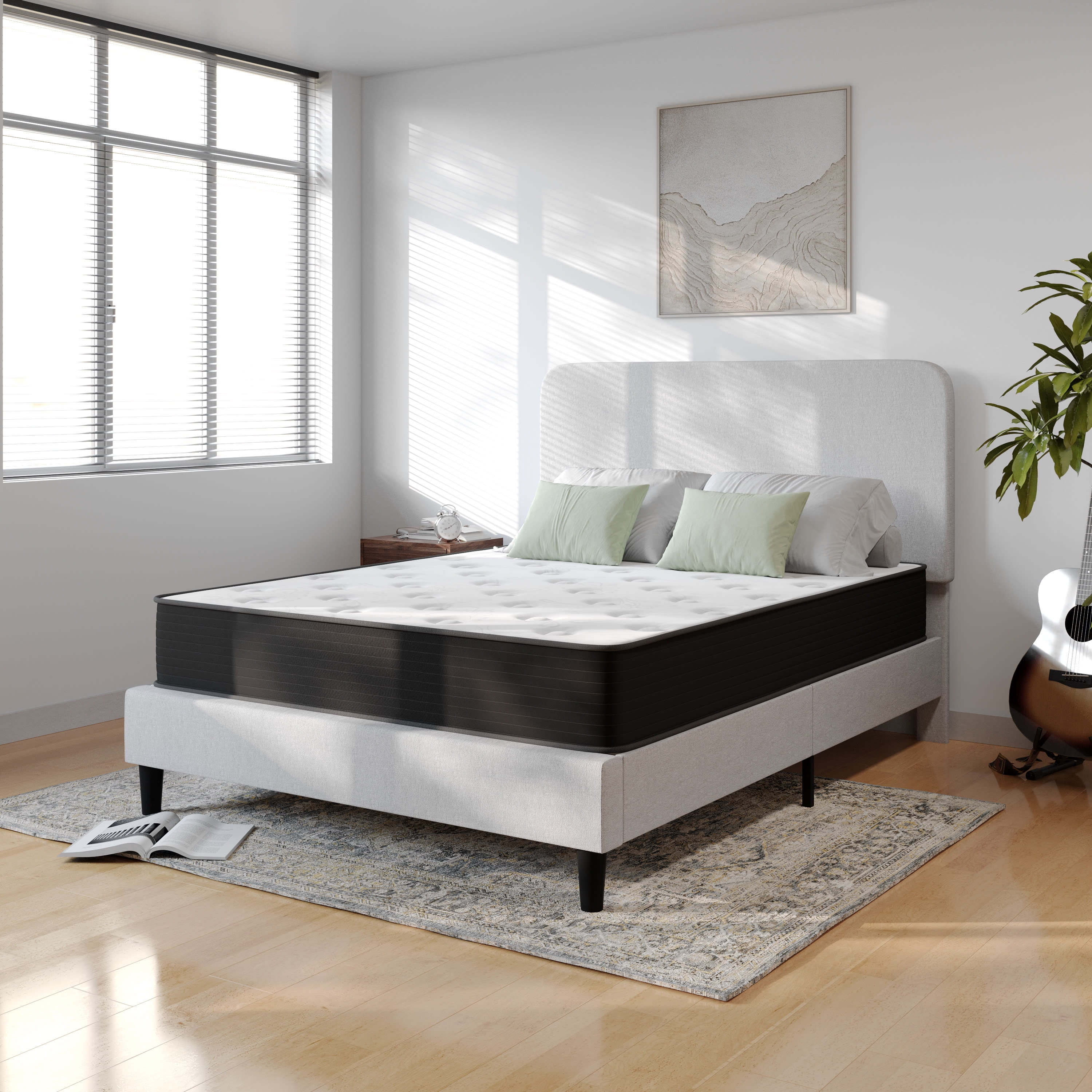 Emma + Oliver Queen Size 10 Inch Hybrid Mattress, High Density Cooling Foam and Pocket Spring Mattress in a Box, CertiPur-US Certified Foam, White/Black