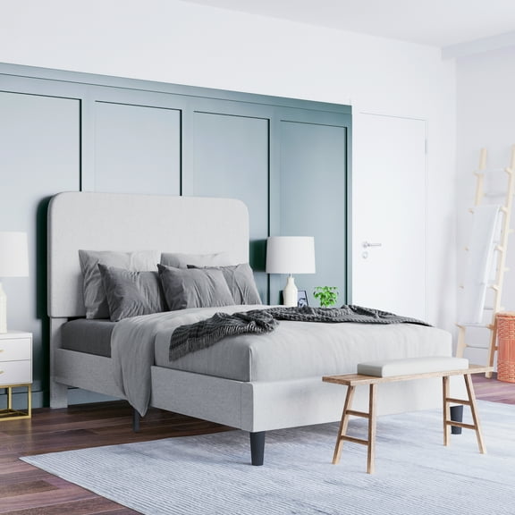 Emma + Oliver Queen Sized Fabric Upholstered Platform Bed in Light Grey with Curved, Slim Panel Headboard and Wooden Support Slats