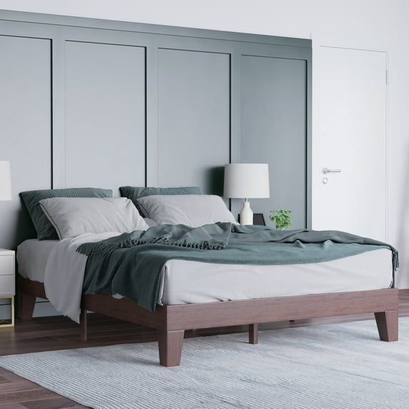 Emma + Oliver Queen Sized Wooden Platform Bed with Walnut Finish and Wooden Support Slats; No Box Spring or Foundation Required