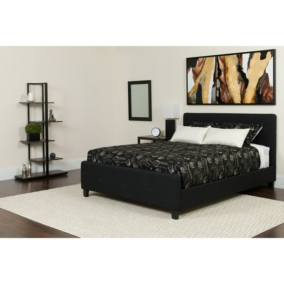 Emma + Oliver Queen Three Button Tufted Platform Bed/Mattress-Black Fabric