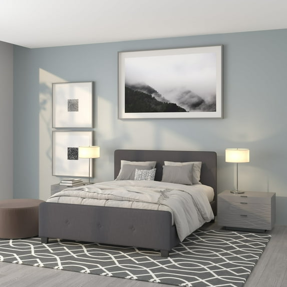 Emma + Oliver Queen Size Three Button Tufted Platform Bed in Dark Gray Fabric