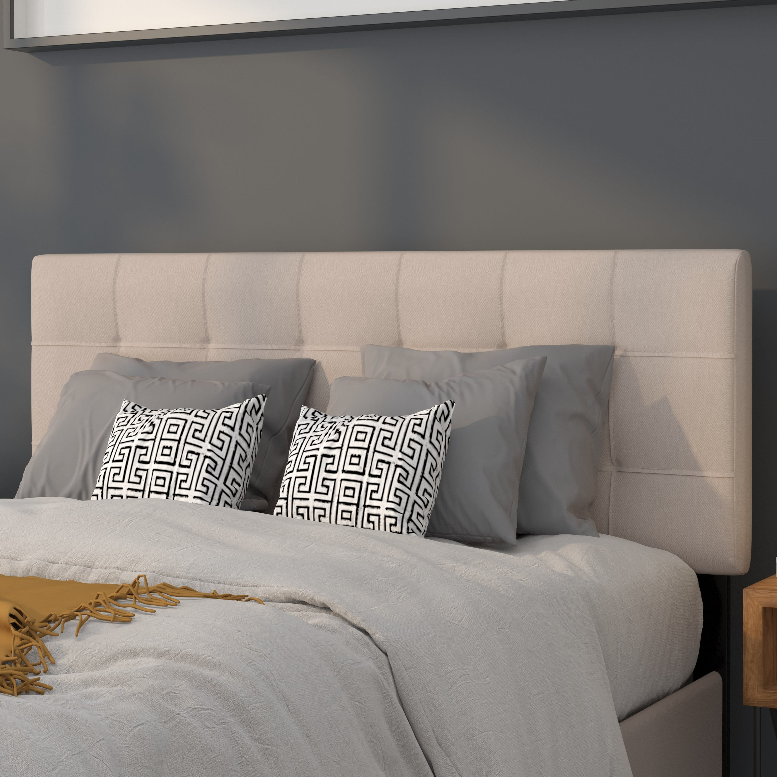 Beige Fabric Tufted Full Headboard with Diamond Stitch Design