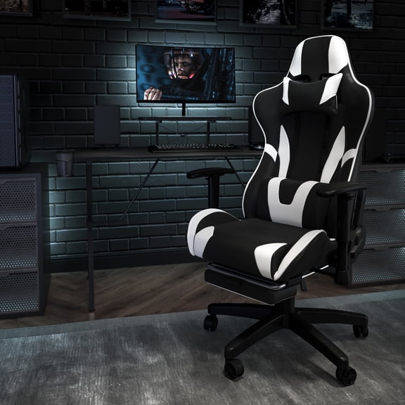 Emma + Oliver Racing Gaming Ergonomic Chair with Reclining Back, Footrest in Black LeatherSoft