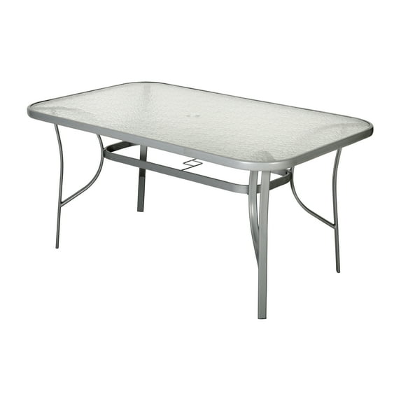 Emma + Oliver Rectangular Tempered Glass Top Patio Table with Umbrella Hole and Silver Steel Tube Frame