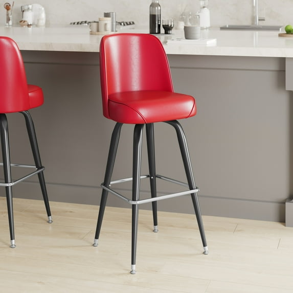 Emma + Oliver Red Bar Stool with Metal Frame, Vinyl Upholstered Swivel Bucket Seat, and Footrest