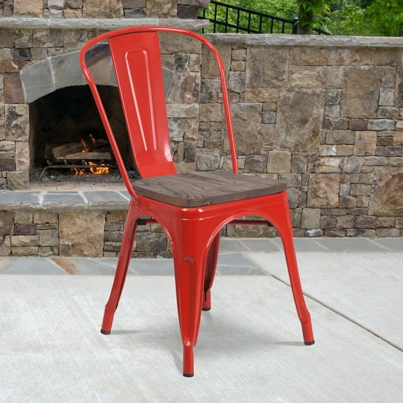 Emma + Oliver Red Metal Stackable Chair with Wood Seat