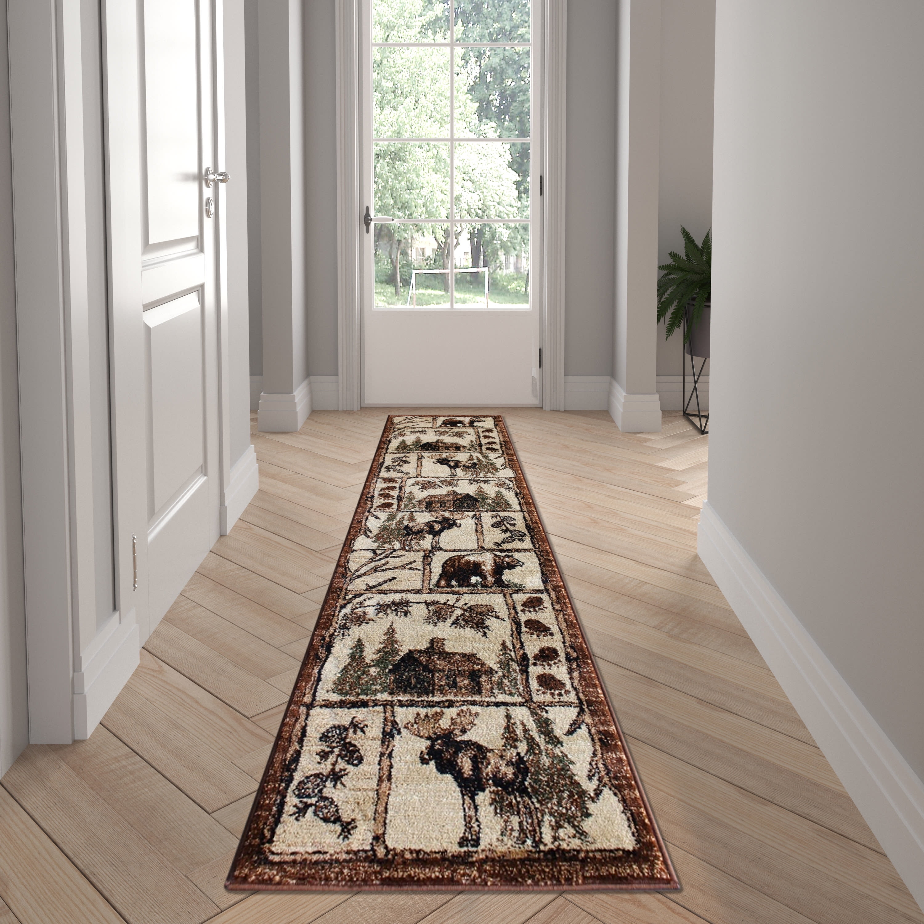 Emma + Oliver Rustic 2x7 Brown Plush Olefin Accent Rug with Bear, Moose and Cabin Motif and Natural Jute Backing