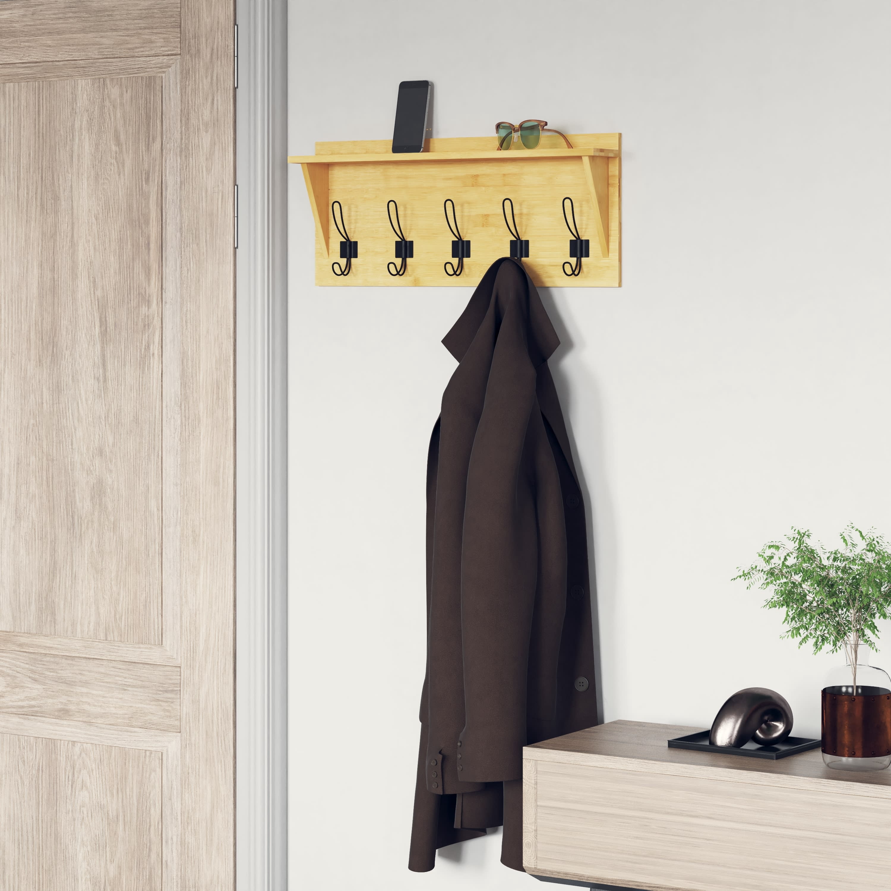 Hanging Rack Interior Emma + Oliver Rustic Brown Wall Hanging Storage Rack with 5 Hooks for ...