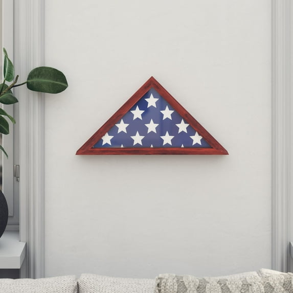 Emma + Oliver Rustic Mahogany Wood Military Flag Shadow Box for 9.5' x 5' American Veteran Burial Flag - Wall Mount or Freestanding