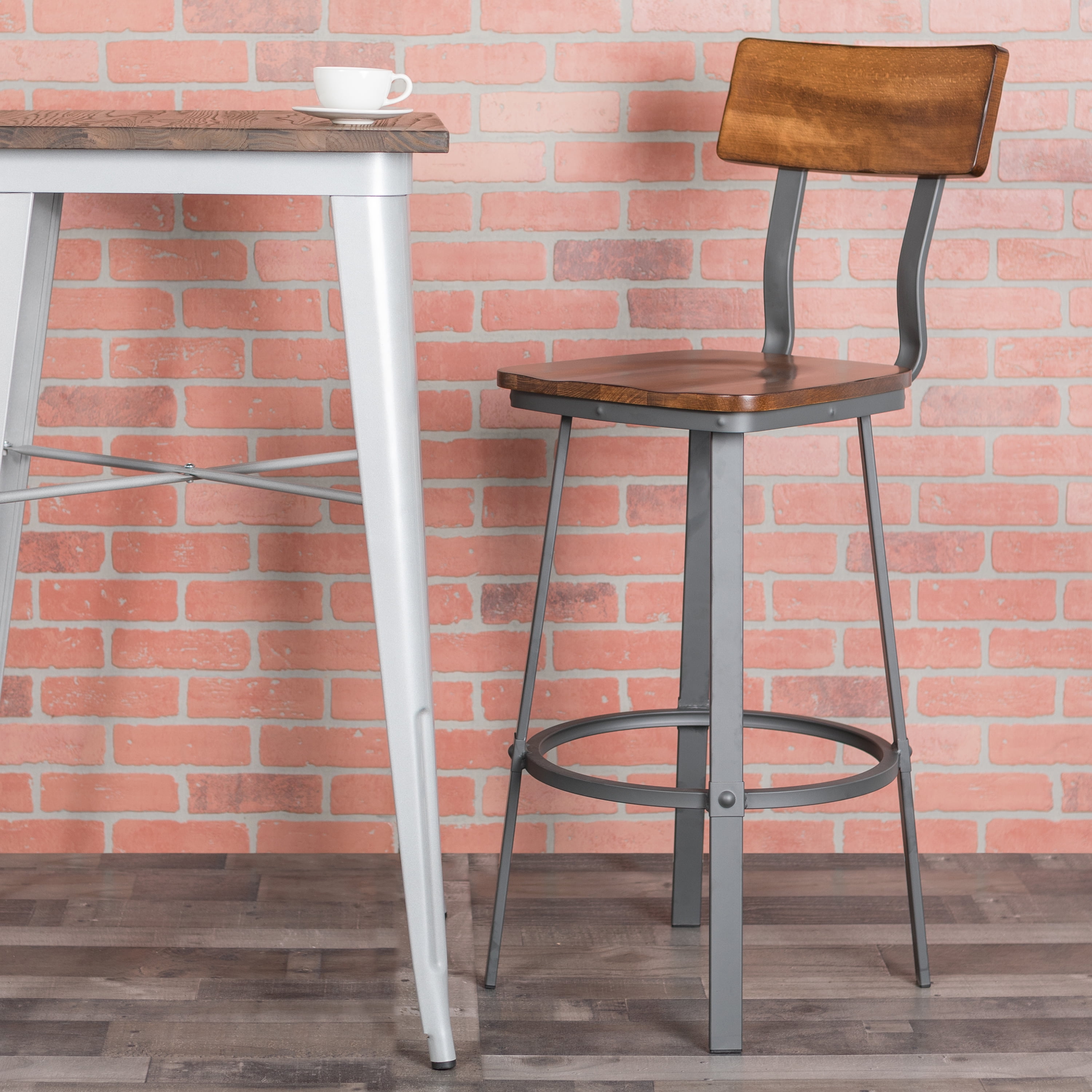 Emma + Oliver Rustic Walnut Dining Barstool with Wood Back/Seat & Gray Frame