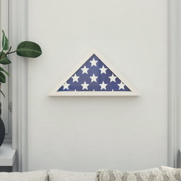 Emma + Oliver Rustic Whitewashed Wood Military Flag Shadow Box for 9.5' x 5' American Veteran Burial Flag - Wall Mount or Freestanding