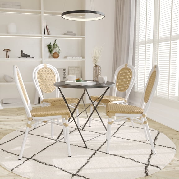 Emma + Oliver Set of Four Indoor/Outdoor Stacking Thonet Bistro Style Chairs with Arms, Black & White PE Rattan Seat and Nat Bamboo Finished Metal Frame