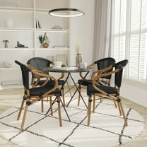 Emma   Oliver Set of Four Indoor/Outdoor Stacking Thonet Bistro Style Chairs with Arms, Navy & White PE Rattan Seat and Nat Bamboo Finished Metal Frame