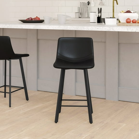 Emma + Oliver Set of Two 24" Faux Leather Upholstered Low Back Counter Stools with Matte Black Iron Frames with Footrests and Plastic Floor Glides in Black