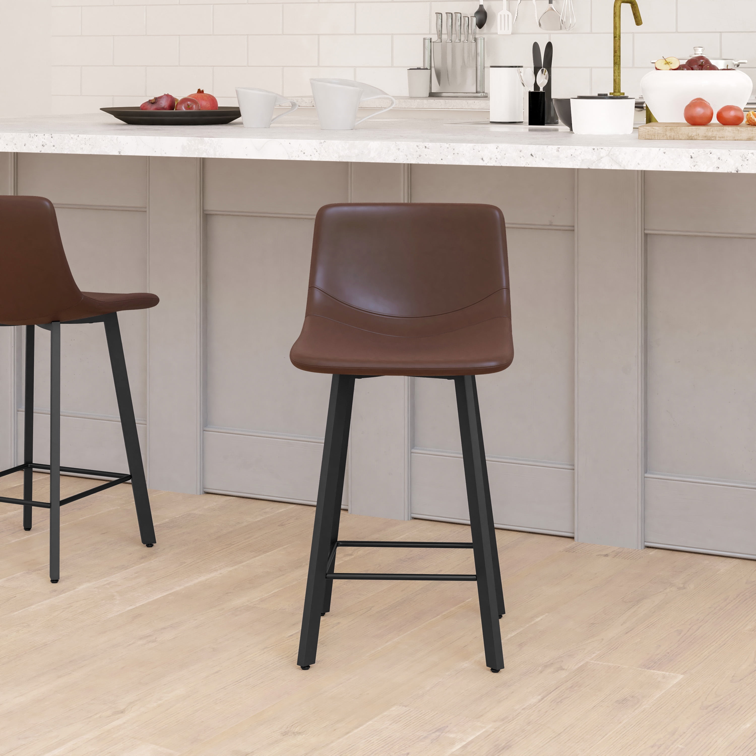 Set of Two Chocolate Brown Faux Leather Upholstered Counter Stools with Matte Black Metal Frames