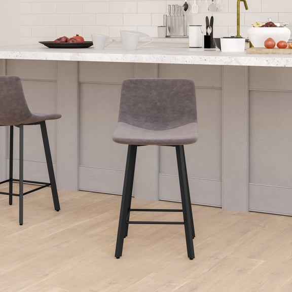Emma + Oliver Set of Two 24" Faux Leather Upholstered Low Back Counter Stools with Matte Black Iron Frames with Footrests and Plastic Floor Glides in Gray