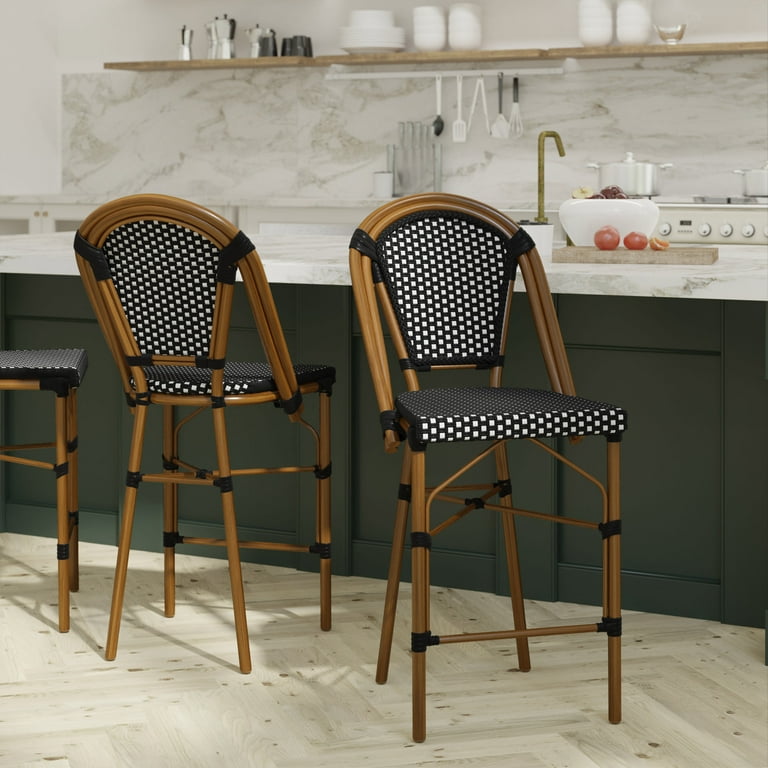 Emma Oliver Set of Two 26 High Stacking Bistro Counter Stools with Black and White PE Seat and Back and Bamboo Metal Frame for Indoor Outdoor Use