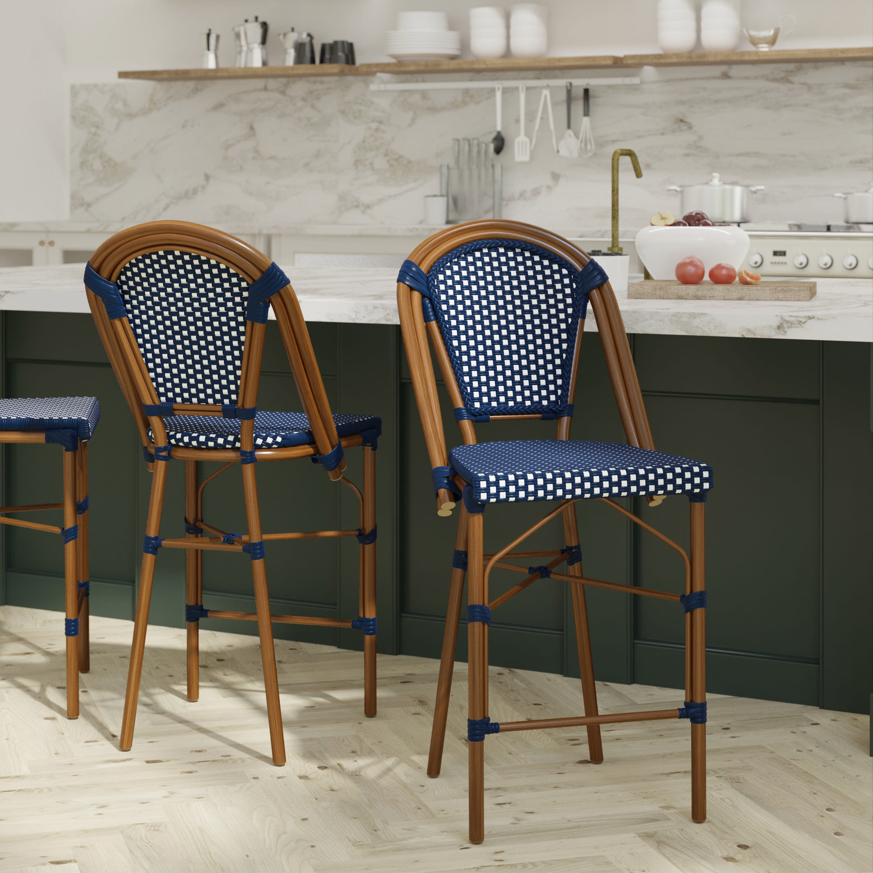 Navy and White PE Rattan Bistro Counter Stools with Bamboo Metal Frame, Set of Two