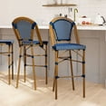 thumbnail image 1 of Emma + Oliver Set of Two 30" High Stacking Bistro Bar Stools with Navy and White PE Seat and Back and Bamboo Finished Metal Frame for Indoor/Outdoor Use, 1 of 12