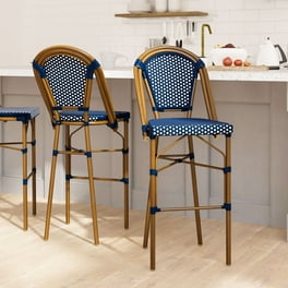 Merrick Lane Set of Two Stacking French Bistro Bar Stools with Black and White PE Seats and Back and Bamboo Finished Metal Frames for Indoor Outdoor Use Walmart