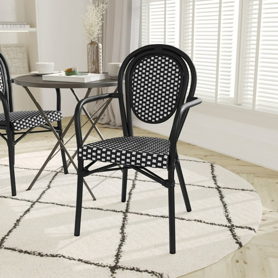 Emma + Oliver Set of Two Indoor/Outdoor Stacking Thonet Bistro Style Chairs with Arms, Navy & White PE Rattan Seat and Nat Bamboo Finished Metal Frame