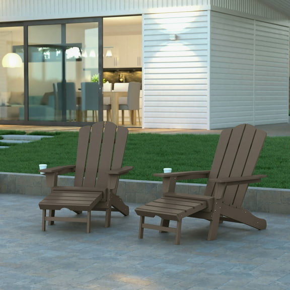 Emma + Oliver Set of 2 Adirondack Chair with Cup Holder and Pull Out Ottoman, All-Weather HDPE Indoor/Outdoor Lounge Chair in Brown