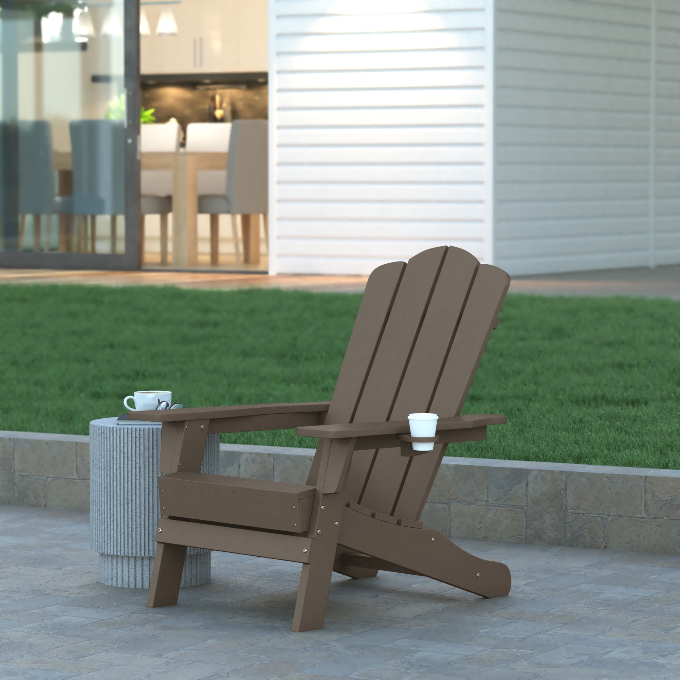 Emma + Oliver Set of 2 Adirondack Chairs with Cup Holders, Weather Resistant HDPE Adirondack Chairs in Brown