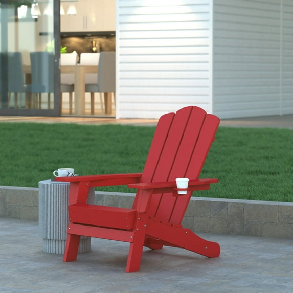 Emma + Oliver Set of 2 Adirondack Chairs with Cup Holders, Weather Resistant HDPE Adirondack Chairs in Red