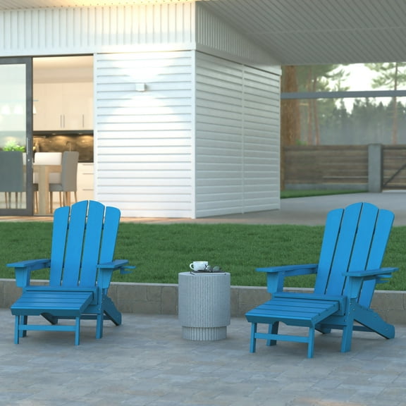 Emma + Oliver Set of 2 Adirondack Chairs with Cup Holders and Pull Out Ottoman, All-Weather HDPE Indoor/Outdoor Lounge Chairs in Blue