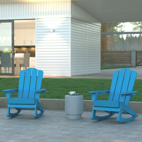 Emma + Oliver Set of 2 Adirondack Rocking Chairs with Cup Holders, Weather Resistant HDPE Adirondack Rocking Chairs in Blue