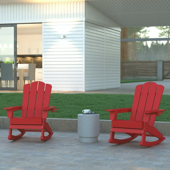 Emma + Oliver Set of 2 Adirondack Rocking Chairs with Cup Holders, Weather Resistant HDPE Adirondack Rocking Chairs in Red