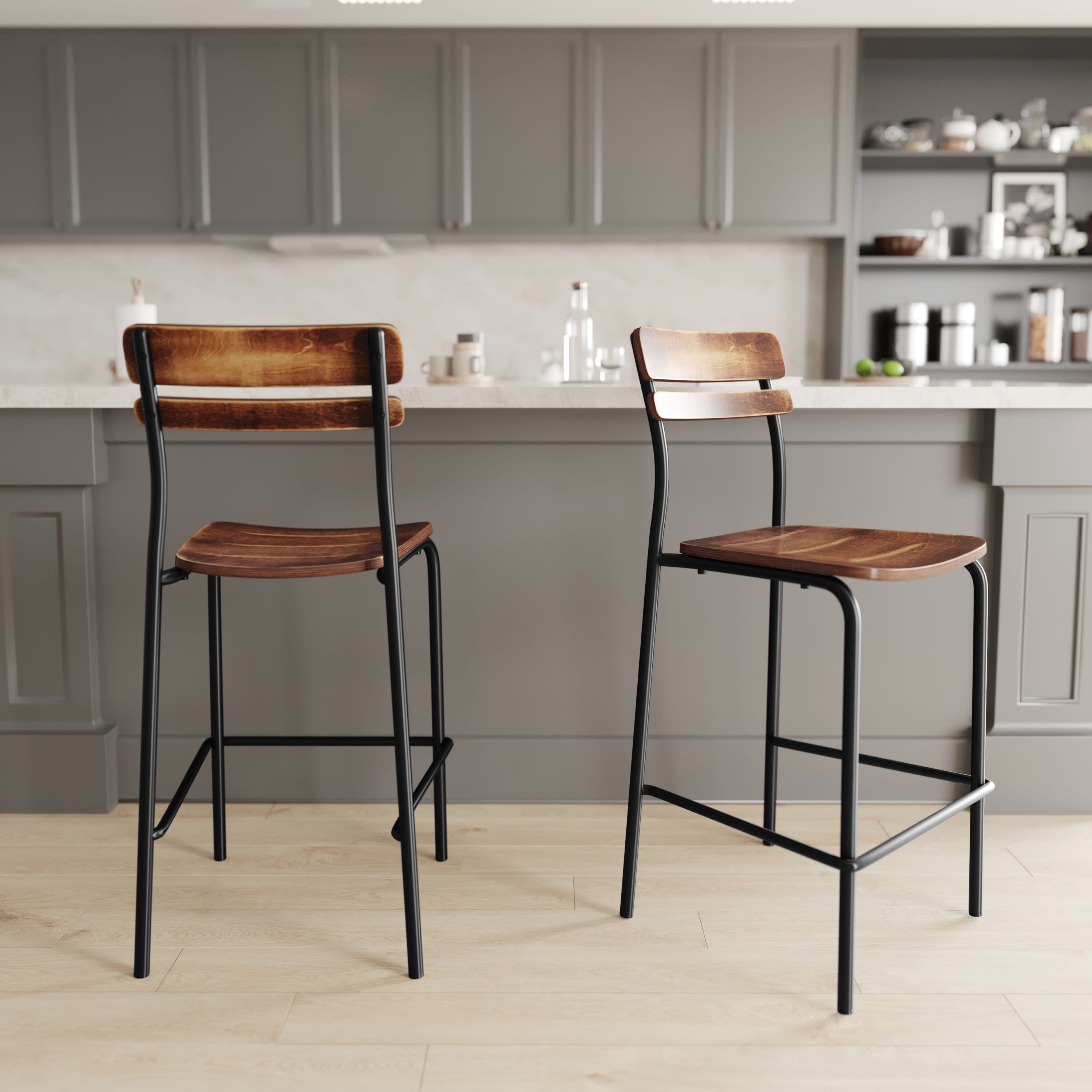 Emma Oliver Set of Bar Stools with Black Metal Frames and
