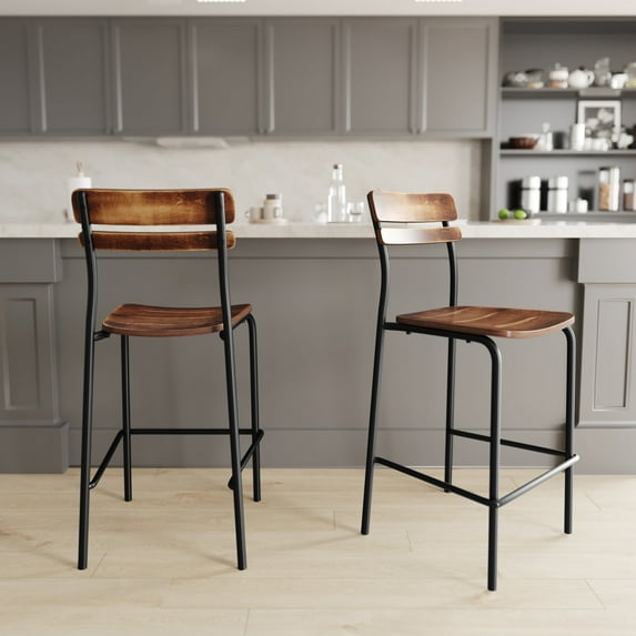 Emma + Oliver Set of 2 Bar Stools with Black Metal Frames and Solid Wood Seats and Backs with Antique Copper Finishes