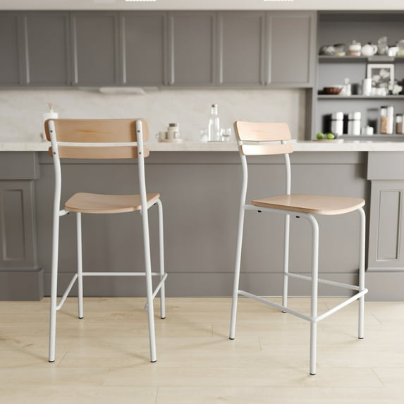 Emma + Oliver Set of 2 Bar Stools with White Metal Frames and Solid Wood Seats and Backs with Antique White Finishes