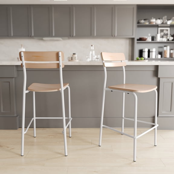 Emma + Oliver Set of 2 Bar Stools with White Metal Frames and Solid Wood Seats and Backs with Antique White Finishes
