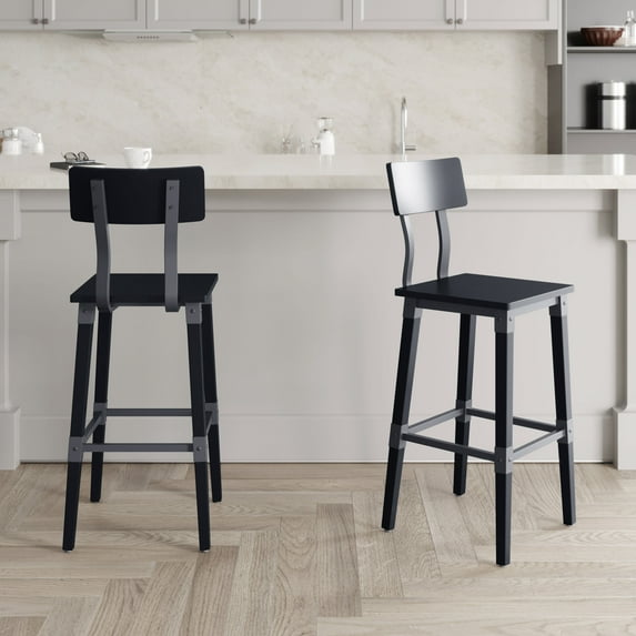 Emma + Oliver Set of 2 Black Beechwood Dining Bar Stools with Wood Frames
