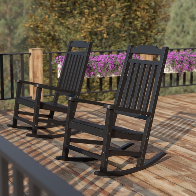 Emma + Oliver Set of 2 Black Faux Wood Rocking Chairs for Porch and ...