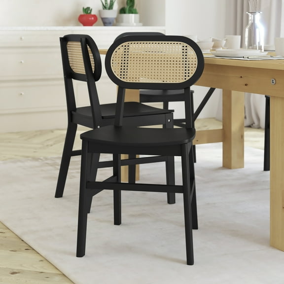 Emma + Oliver Set of 2 Cane Rattan Dining or Accent Chairs with Black Solid Wood Frames and Seats and Natural Woven Backrest