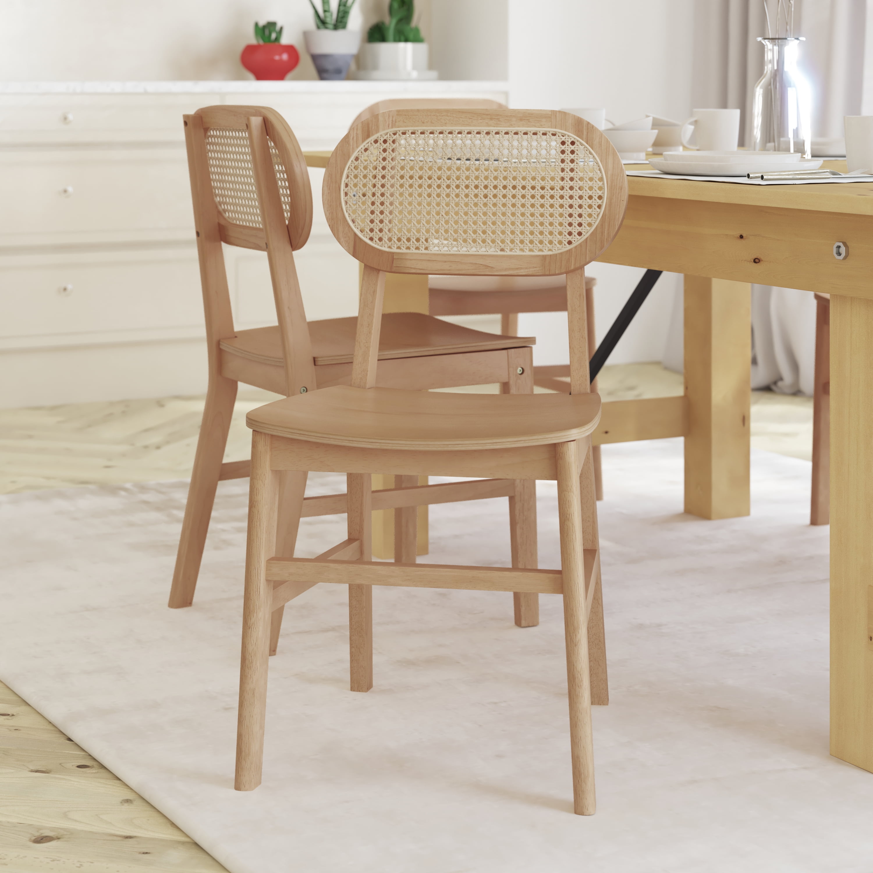 Natural Wood and Cane Side Chair with Black Accents