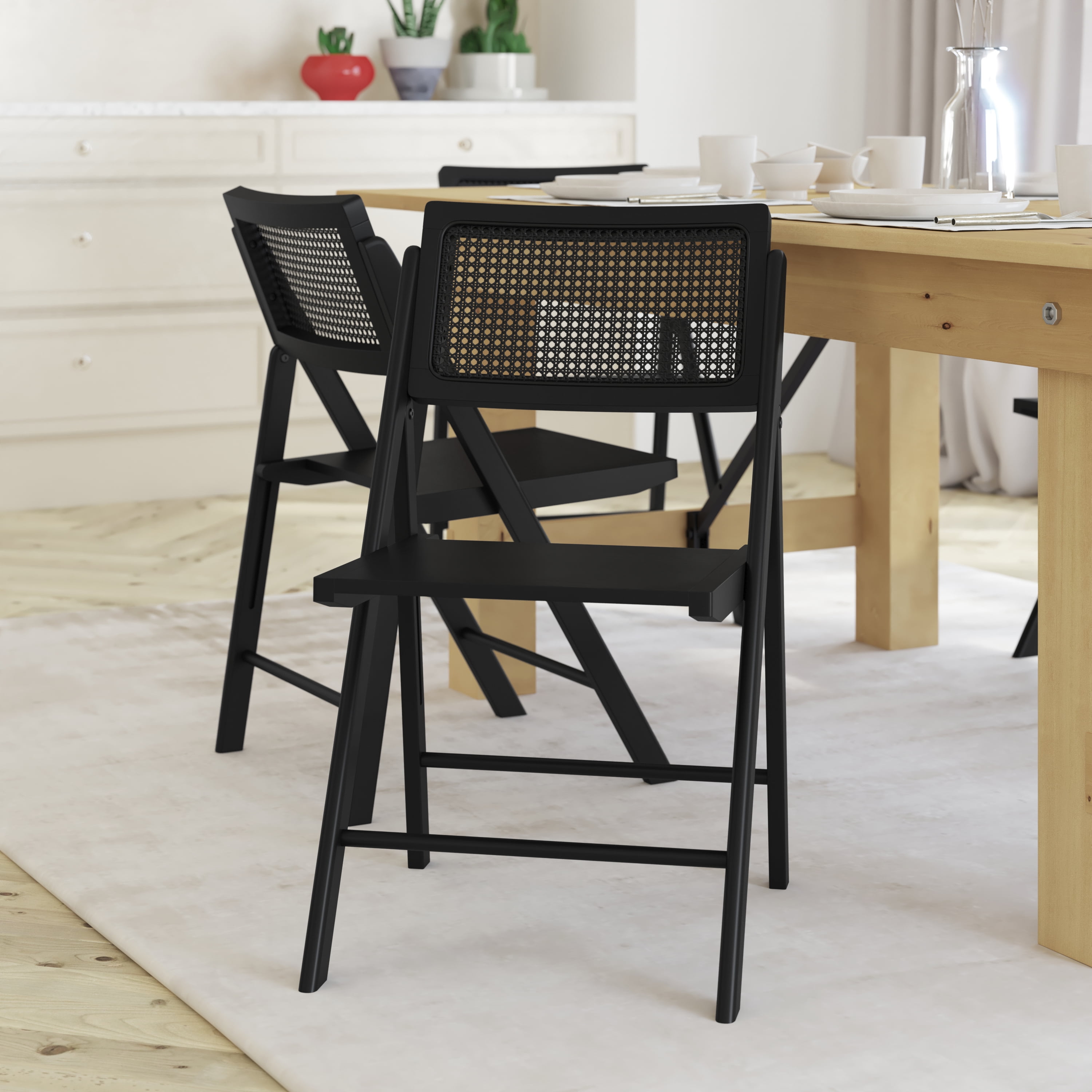 Emma + Oliver Set of 2 Cane Rattan Folding Chairs with Solid Wood