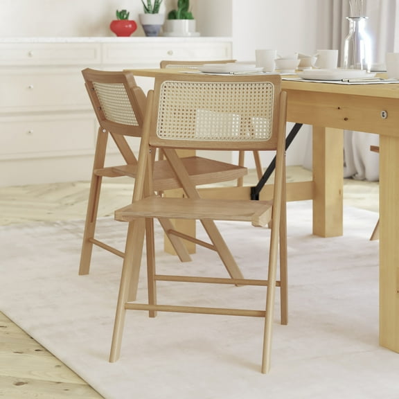 Emma + Oliver Set of 2 Cane Rattan Folding Chairs with Solid Wood Frames and Seats and Breathable Woven Rattan Backrest in Natural