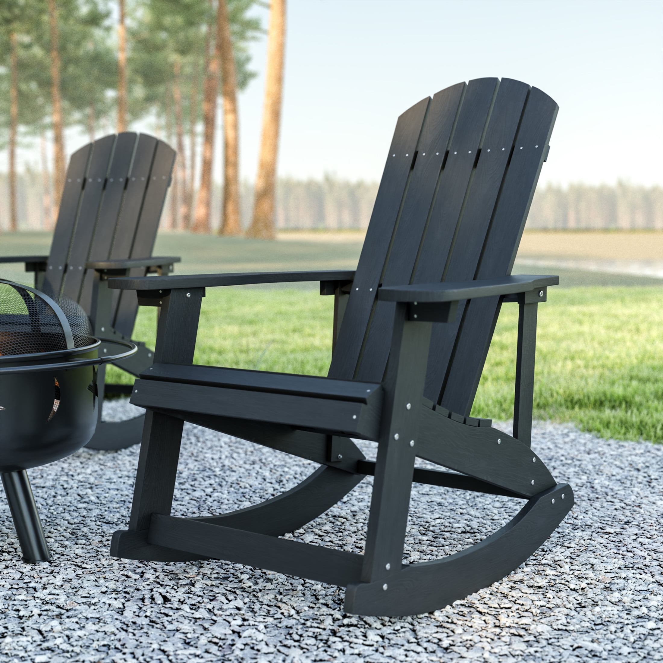Emma + Oliver Set of 2 Classic All-Weather Poly Resin Rocking Adirondack Chairs in Black with Stainless Steel Hardware for Year Round Use