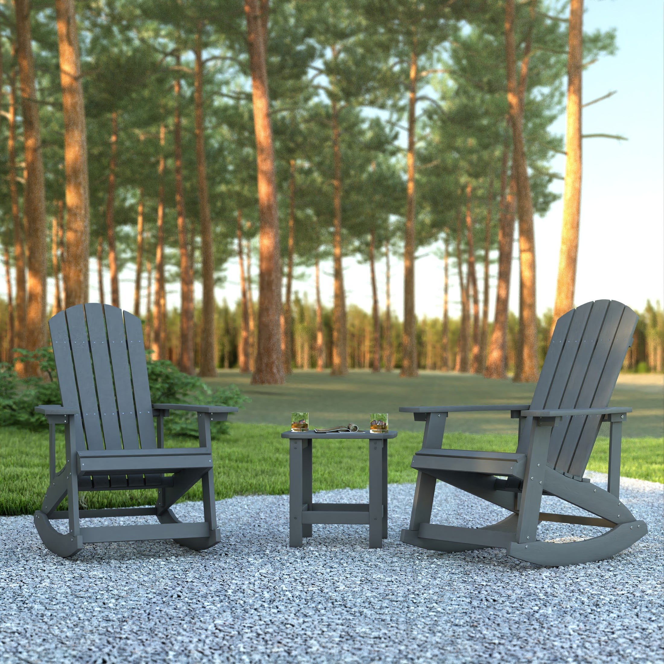 Emma + Oliver Set of 2 Classic All-Weather Poly Resin Rocking Adirondack Chairs in Gray with Matching Side Table for Year Round Use