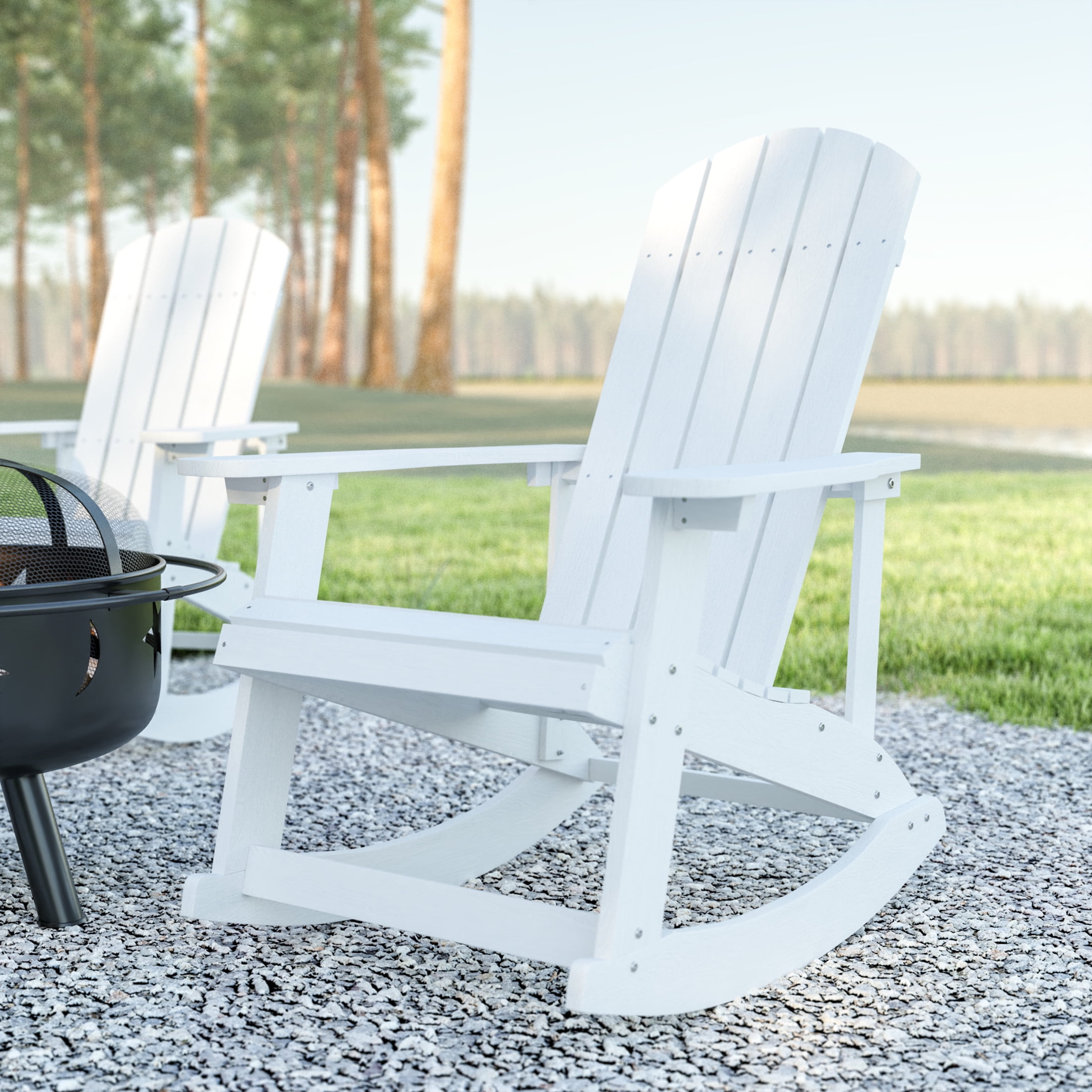 Emma + Oliver Set of 2 Classic All-Weather Poly Resin Rocking Adirondack Chairs in White with Stainless Steel Hardware for Year Round Use