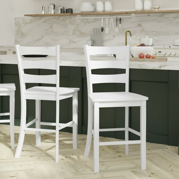 Emma + Oliver Set of 2 Classic Wood Counter Height Dining Stool in White Wash with Solid Wood Seat and Ladderback Design
